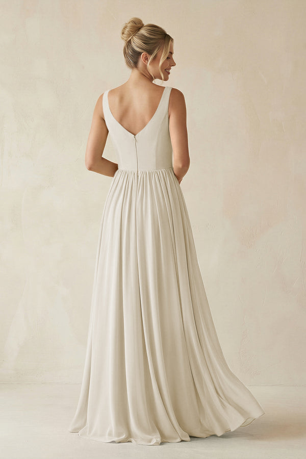 V - Neck Chiffon A - Line Long Bridesmaid Dress in Dove Gray - SHE IS ME Bridesmaid Dresses