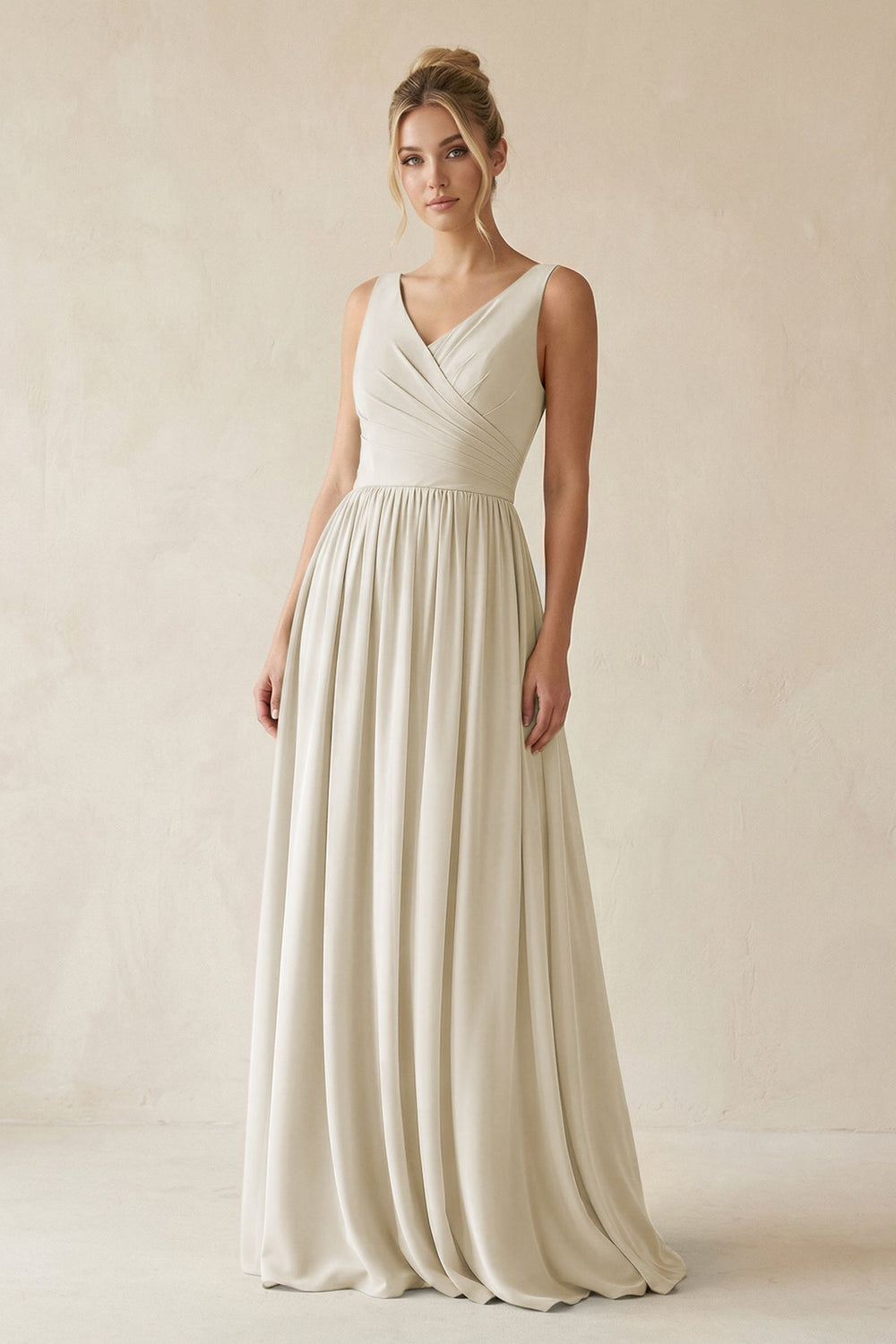 V - Neck Chiffon A - Line Long Bridesmaid Dress in Dove Gray - KISS BRIDAL Bridesmaid Dresses