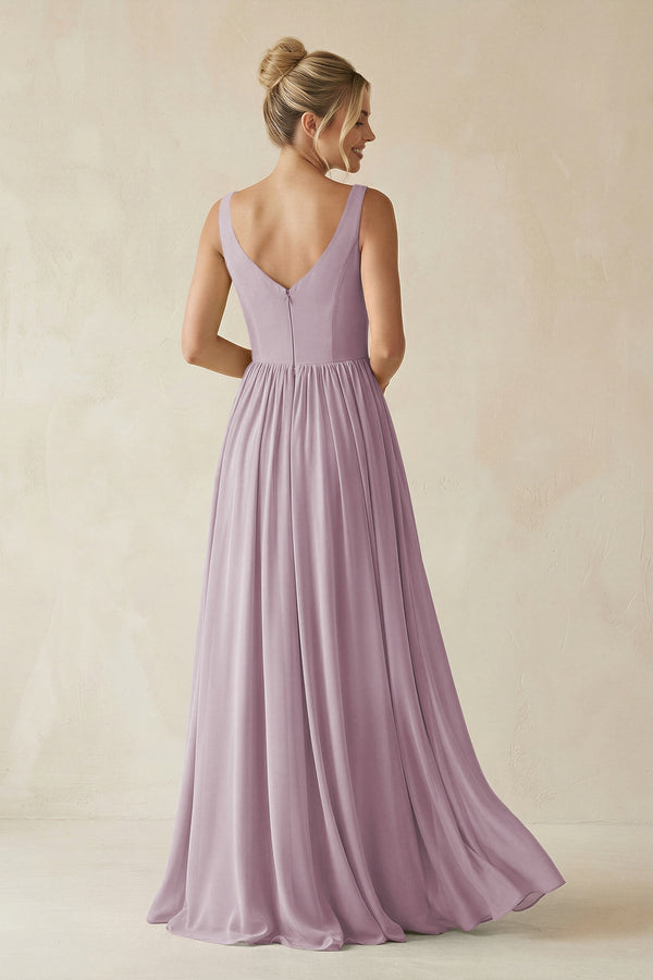 V - Neck Chiffon A - Line Long Bridesmaid Dress in Dusk - SHE IS ME Bridesmaid Dresses