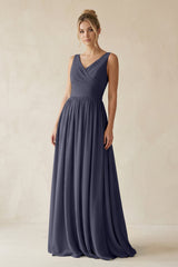 V - Neck Chiffon A - Line Long Bridesmaid Dress in Dusk Blue - KISS BRIDAL Bridesmaid Dresses