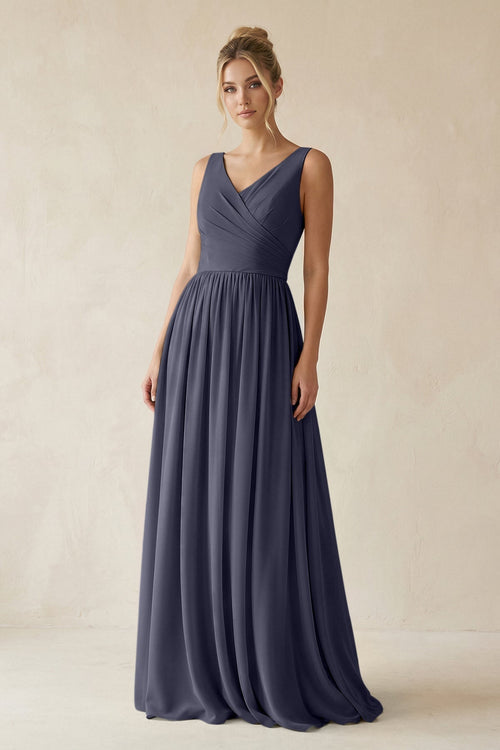 V - Neck Chiffon A - Line Long Bridesmaid Dress in Dusk Blue - SHE IS ME Bridesmaid Dresses