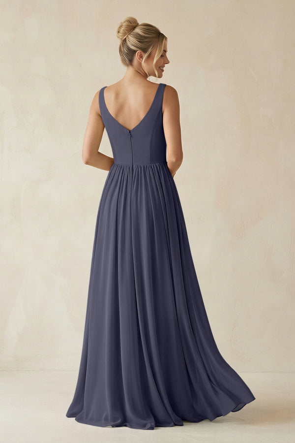 V - Neck Chiffon A - Line Long Bridesmaid Dress in Dusk Blue - SHE IS ME Bridesmaid Dresses