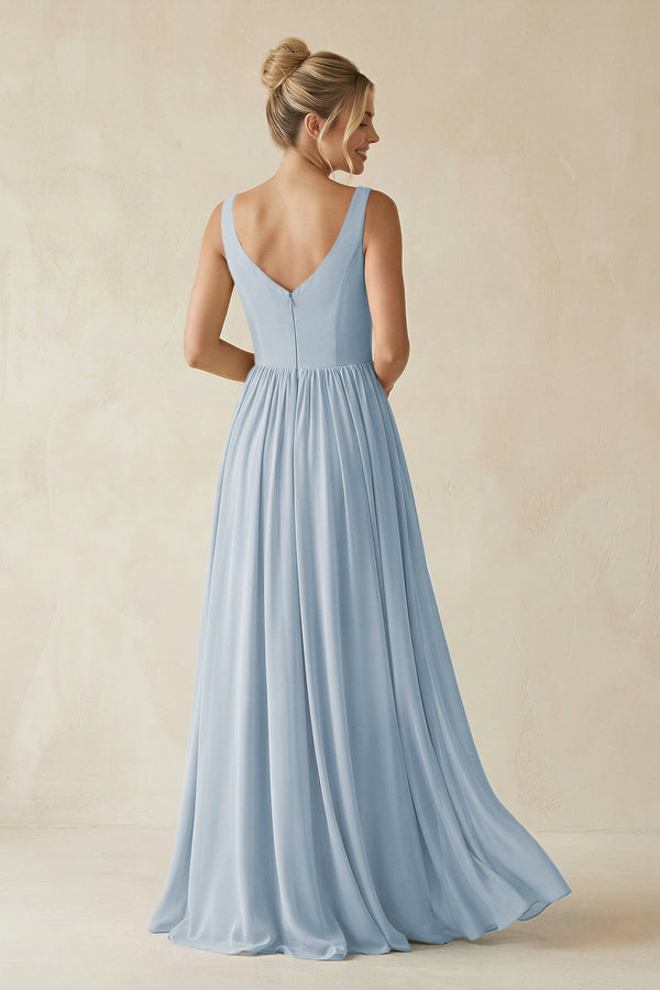 V - Neck Chiffon A - Line Long Bridesmaid Dress in Dusty Blue - SHE IS ME Bridesmaid Dresses