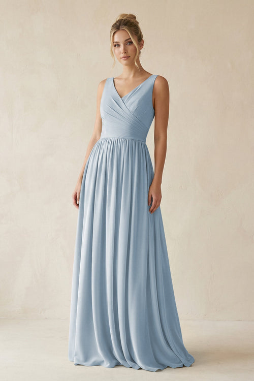 V - Neck Chiffon A - Line Long Bridesmaid Dress in Dusty Blue - SHE IS ME Bridesmaid Dresses