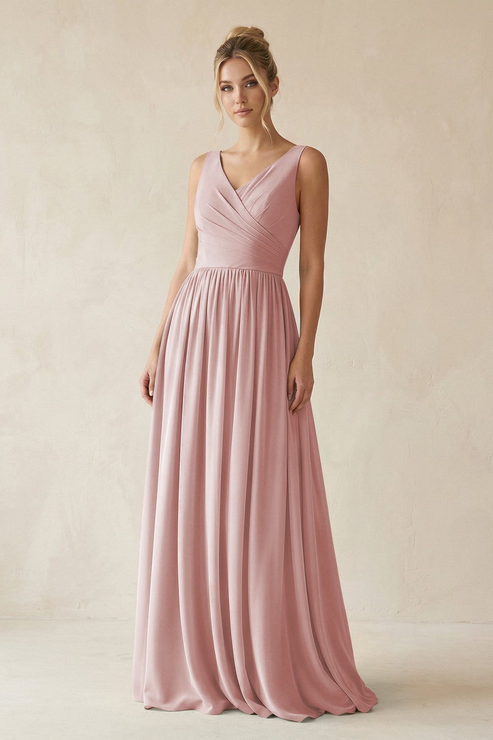 V - Neck Chiffon A - Line Long Bridesmaid Dress in Dusty Rose - KISS BRIDAL Bridesmaid Dresses