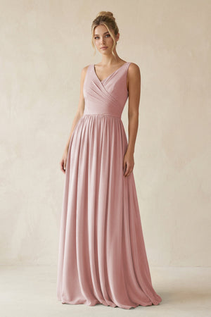 V - Neck Chiffon A - Line Long Bridesmaid Dress in Dusty Rose - SHE IS ME Bridesmaid Dresses