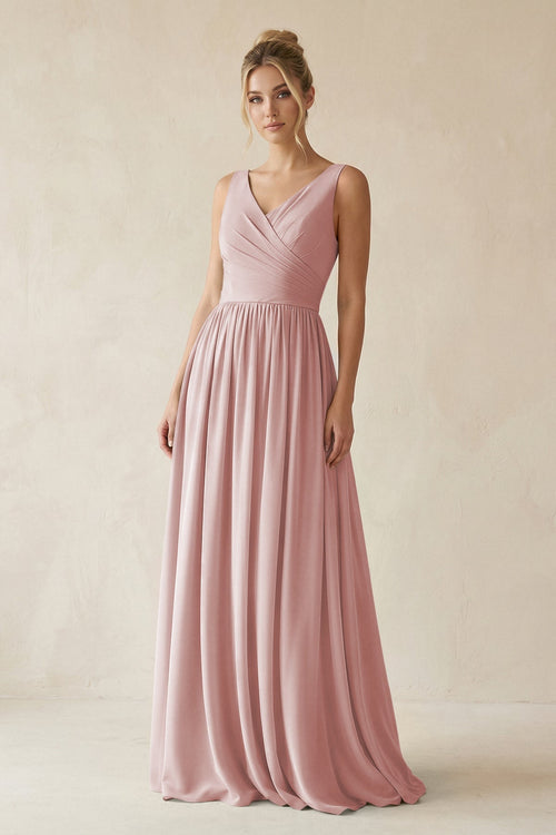 V - Neck Chiffon A - Line Long Bridesmaid Dress in Dusty Rose - SHE IS ME Bridesmaid Dresses