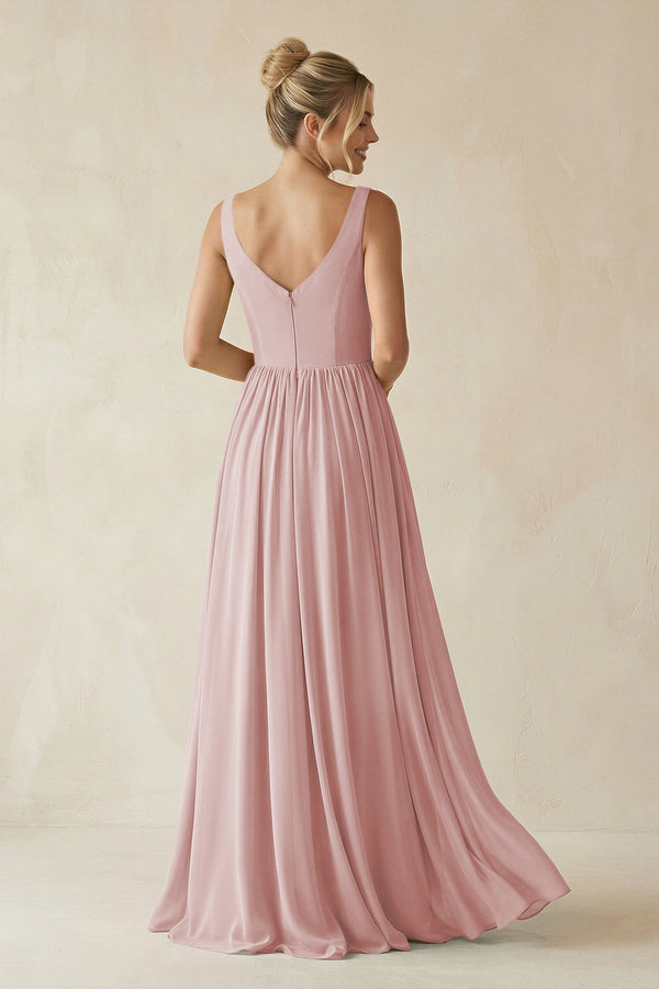 V - Neck Chiffon A - Line Long Bridesmaid Dress in Dusty Rose - SHE IS ME Bridesmaid Dresses