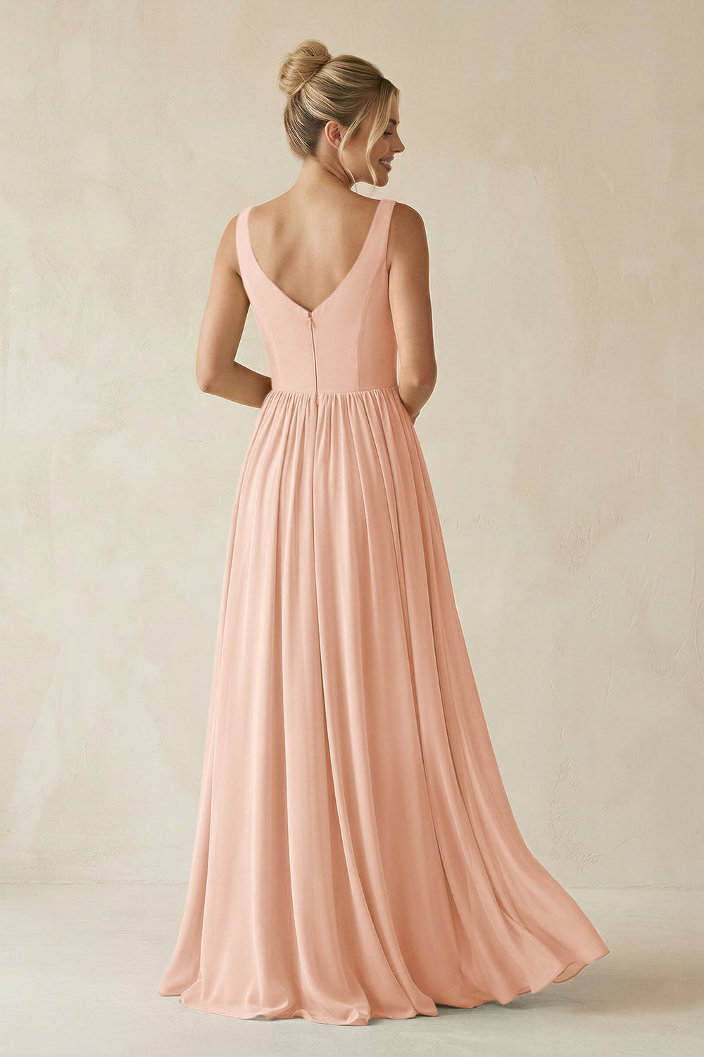 V - Neck Chiffon A - Line Long Bridesmaid Dress in English Rose - KISS BRIDAL Bridesmaid Dresses