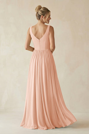 V - Neck Chiffon A - Line Long Bridesmaid Dress in English Rose - SHE IS ME Bridesmaid Dresses