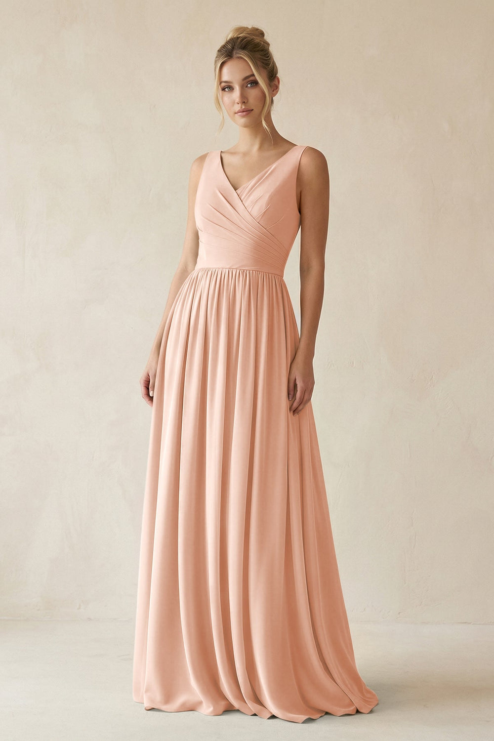 V - Neck Chiffon A - Line Long Bridesmaid Dress in English Rose - KISS BRIDAL Bridesmaid Dresses