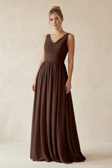 V - Neck Chiffon A - Line Long Bridesmaid Dress in Espresso - KISS BRIDAL Bridesmaid Dresses