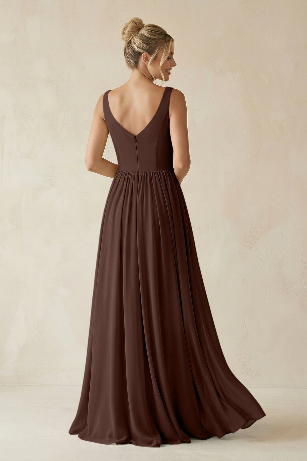 V - Neck Chiffon A - Line Long Bridesmaid Dress in Espresso - KISS BRIDAL Bridesmaid Dresses