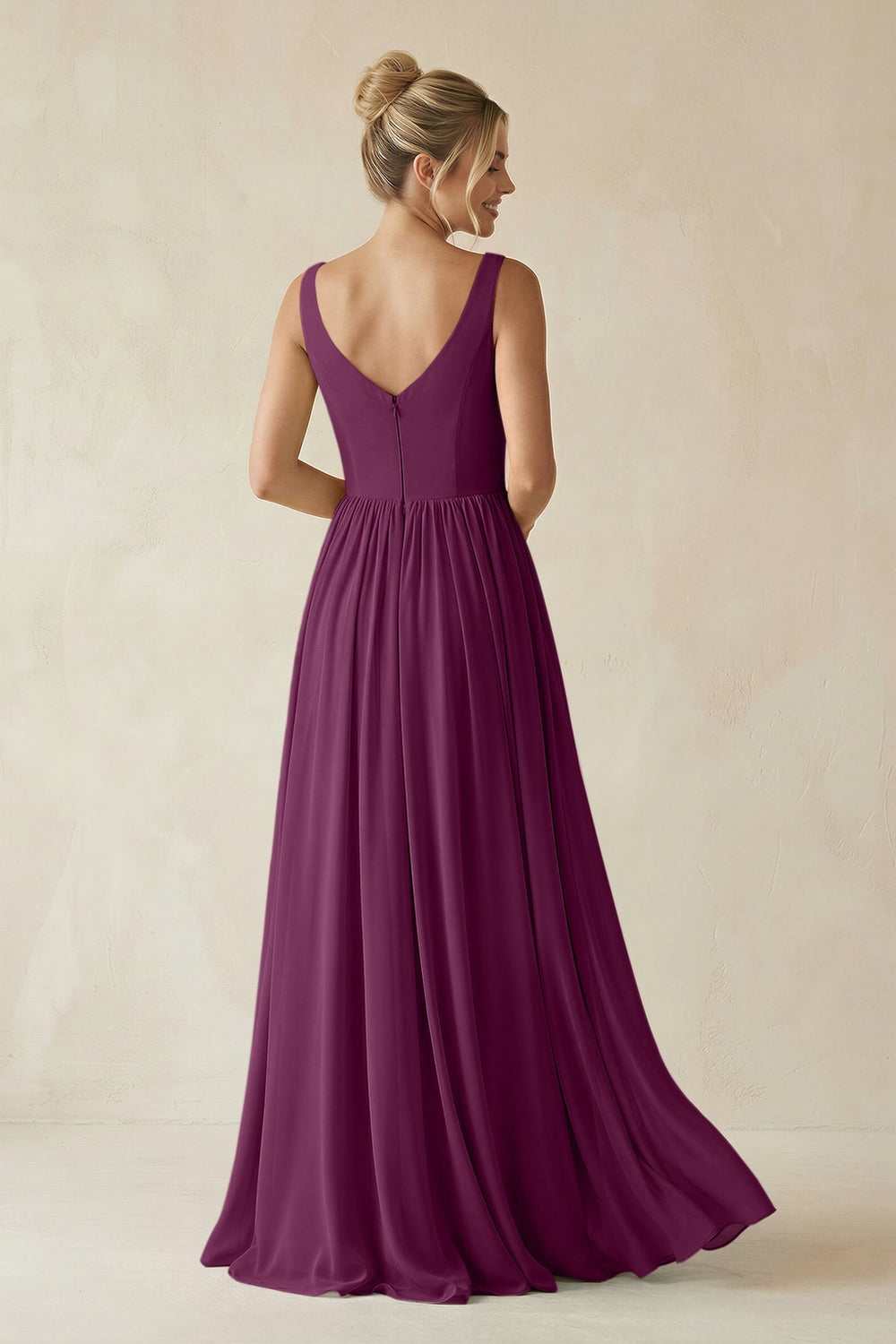 V - Neck Chiffon A - Line Long Bridesmaid Dress in Fig - KISS BRIDAL Bridesmaid Dresses