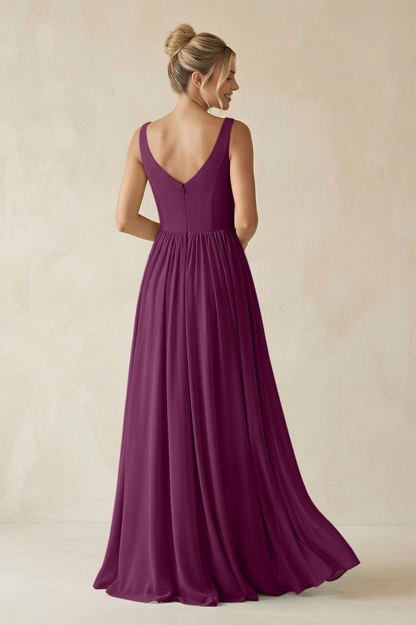 V - Neck Chiffon A - Line Long Bridesmaid Dress in Fig - SHE IS ME Bridesmaid Dresses