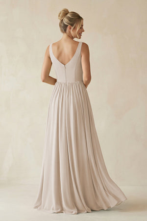 V - Neck Chiffon A - Line Long Bridesmaid Dress in Frost - SHE IS ME Bridesmaid Dresses