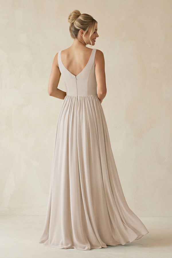 V - Neck Chiffon A - Line Long Bridesmaid Dress in Frost - SHE IS ME Bridesmaid Dresses
