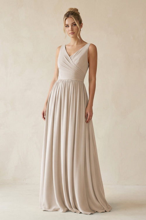 V - Neck Chiffon A - Line Long Bridesmaid Dress in Frost - SHE IS ME Bridesmaid Dresses