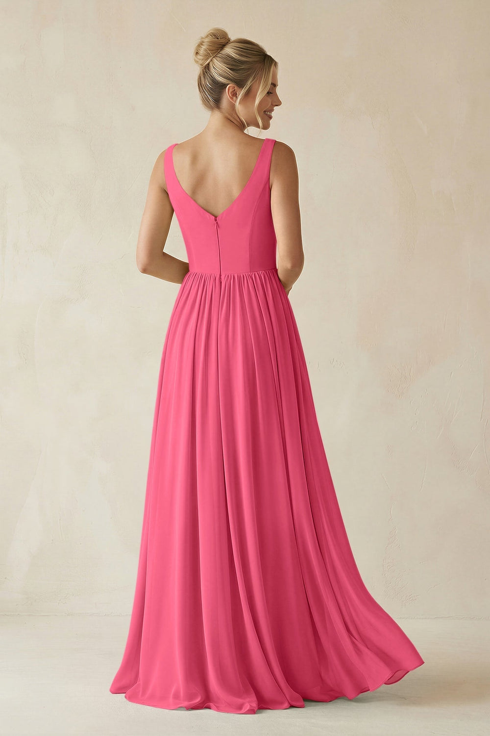 V - Neck Chiffon A - Line Long Bridesmaid Dress in Fuchsia - KISS BRIDAL Bridesmaid Dresses