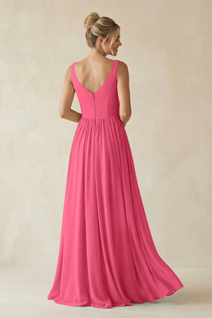 V - Neck Chiffon A - Line Long Bridesmaid Dress in Fuchsia - SHE IS ME Bridesmaid Dresses