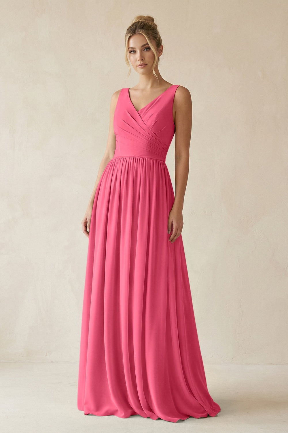 V - Neck Chiffon A - Line Long Bridesmaid Dress in Fuchsia - KISS BRIDAL Bridesmaid Dresses