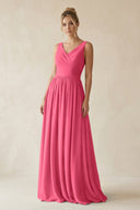 V - Neck Chiffon A - Line Long Bridesmaid Dress in Fuchsia - SHE IS ME Bridesmaid Dresses