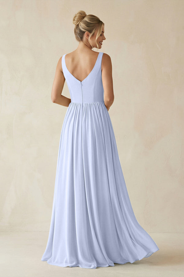 V - Neck Chiffon A - Line Long Bridesmaid Dress in Ice - SHE IS ME Bridesmaid Dresses
