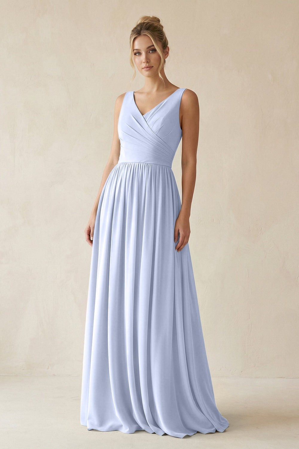 V - Neck Chiffon A - Line Long Bridesmaid Dress in Ice - KISS BRIDAL Bridesmaid Dresses