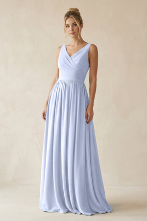 V - Neck Chiffon A - Line Long Bridesmaid Dress in Ice - SHE IS ME Bridesmaid Dresses