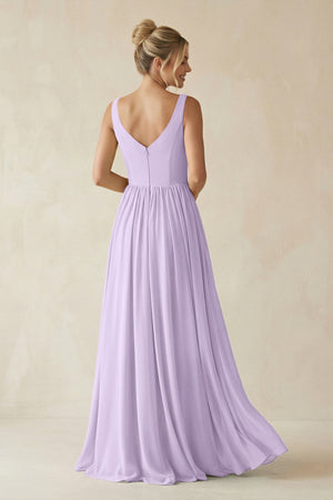 V - Neck Chiffon A - Line Long Bridesmaid Dress in Lavender - SHE IS ME Bridesmaid Dresses