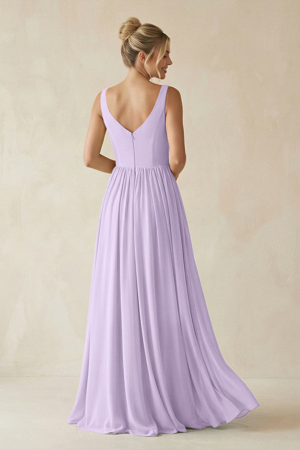 V - Neck Chiffon A - Line Long Bridesmaid Dress in Lavender - SHE IS ME Bridesmaid Dresses