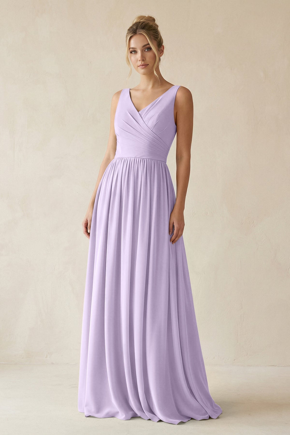 V - Neck Chiffon A - Line Long Bridesmaid Dress in Lavender - KISS BRIDAL Bridesmaid Dresses