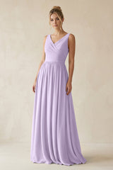 V - Neck Chiffon A - Line Long Bridesmaid Dress in Lavender - KISS BRIDAL Bridesmaid Dresses