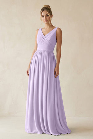 V - Neck Chiffon A - Line Long Bridesmaid Dress in Lavender - SHE IS ME Bridesmaid Dresses