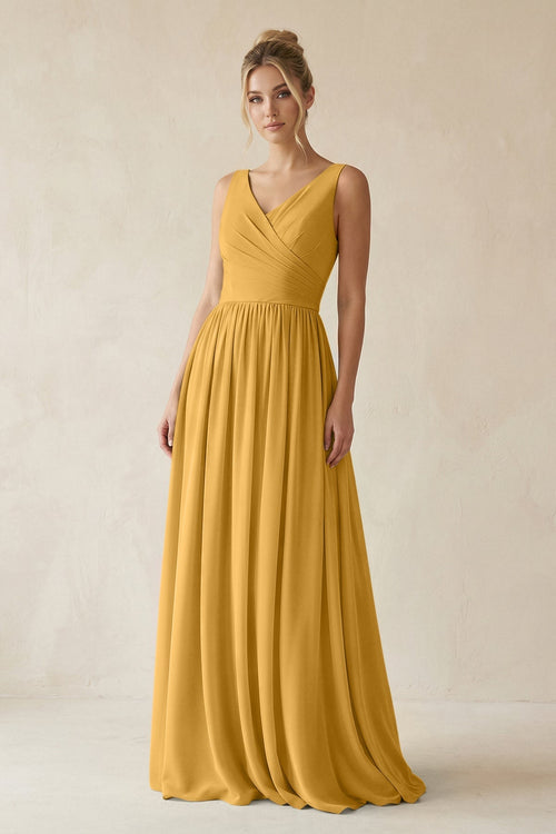 V - Neck Chiffon A - Line Long Bridesmaid Dress in Marigold - SHE IS ME Bridesmaid Dresses