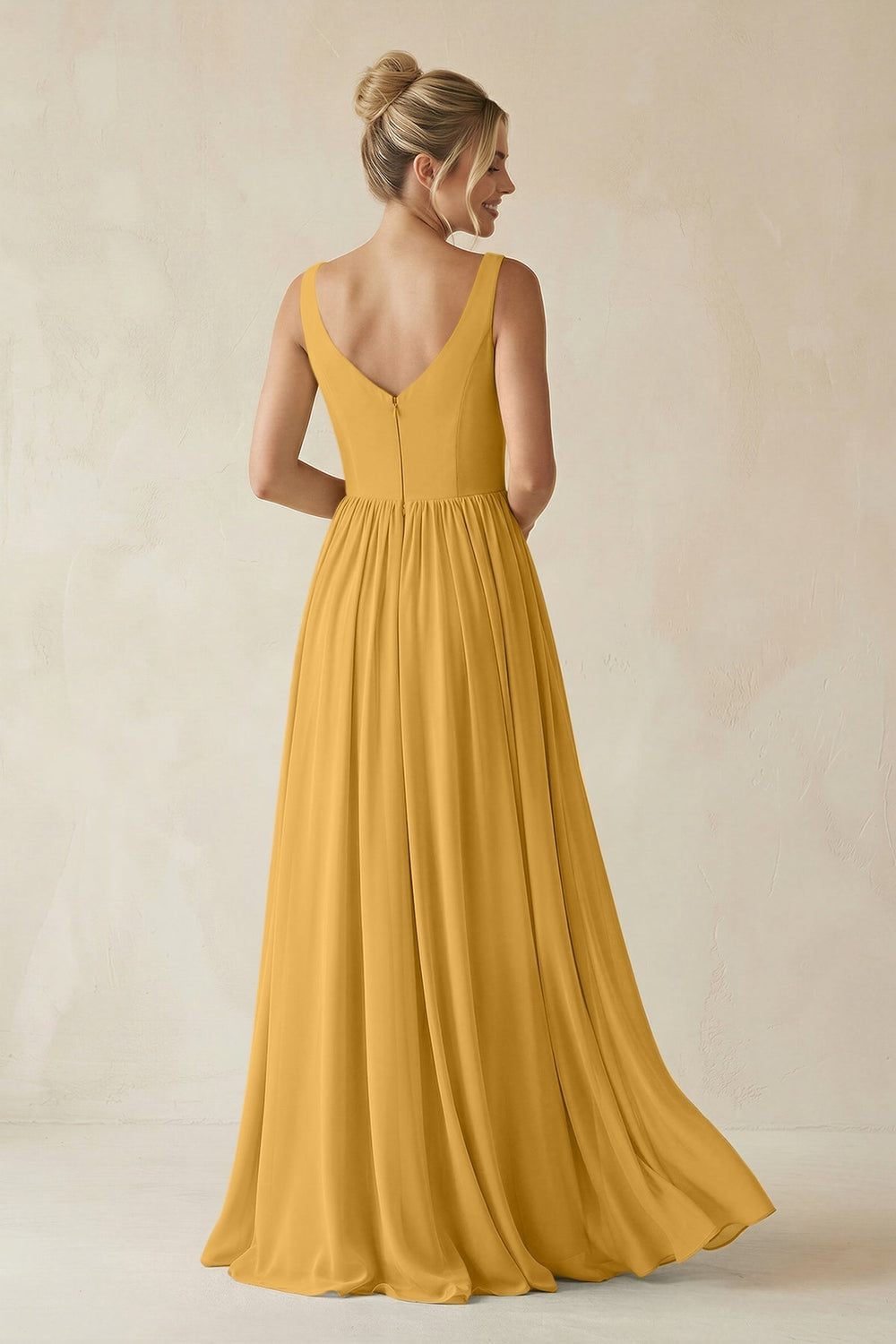 V - Neck Chiffon A - Line Long Bridesmaid Dress in Marigold - KISS BRIDAL Bridesmaid Dresses