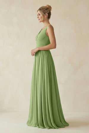 V - Neck Chiffon A - Line Long Bridesmaid Dress in Matcha - SHE IS ME Bridesmaid Dresses