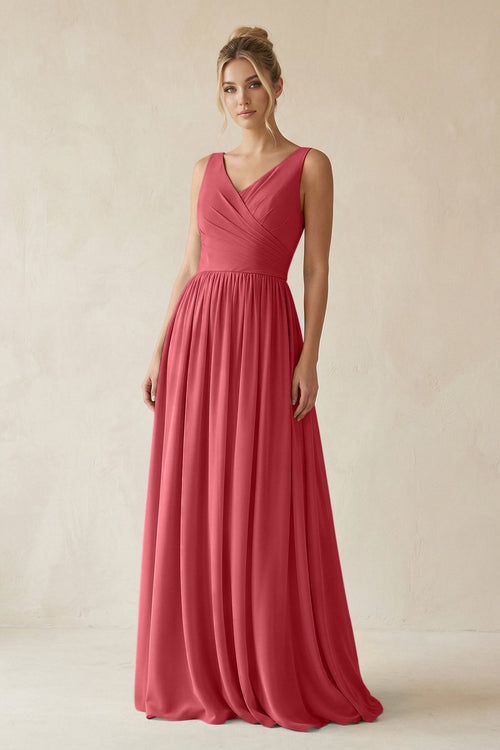 V - Neck Chiffon A - Line Long Bridesmaid Dress in Merlot - SHE IS ME Bridesmaid Dresses
