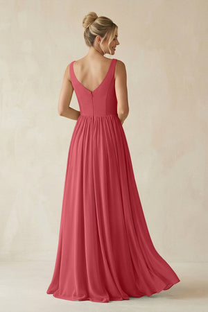 V - Neck Chiffon A - Line Long Bridesmaid Dress in Merlot - SHE IS ME Bridesmaid Dresses