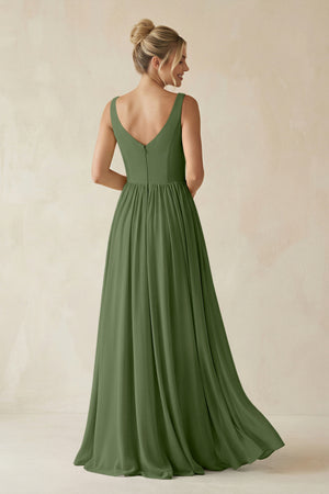 V-Neck Chiffon A-Line Long Bridesmaid Dress in Moss (2) | KISSBRIDAL