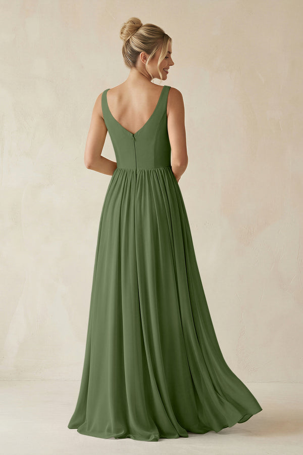 V-Neck Chiffon A-Line Long Bridesmaid Dress in Moss (2) | KISSBRIDAL