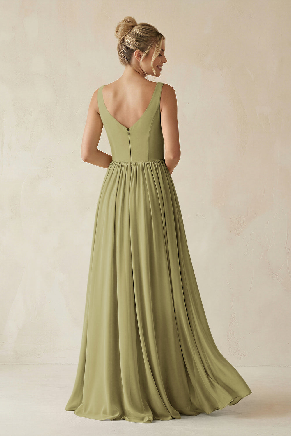 V-Neck Chiffon A-Line Long Bridesmaid Dress in Moss Green