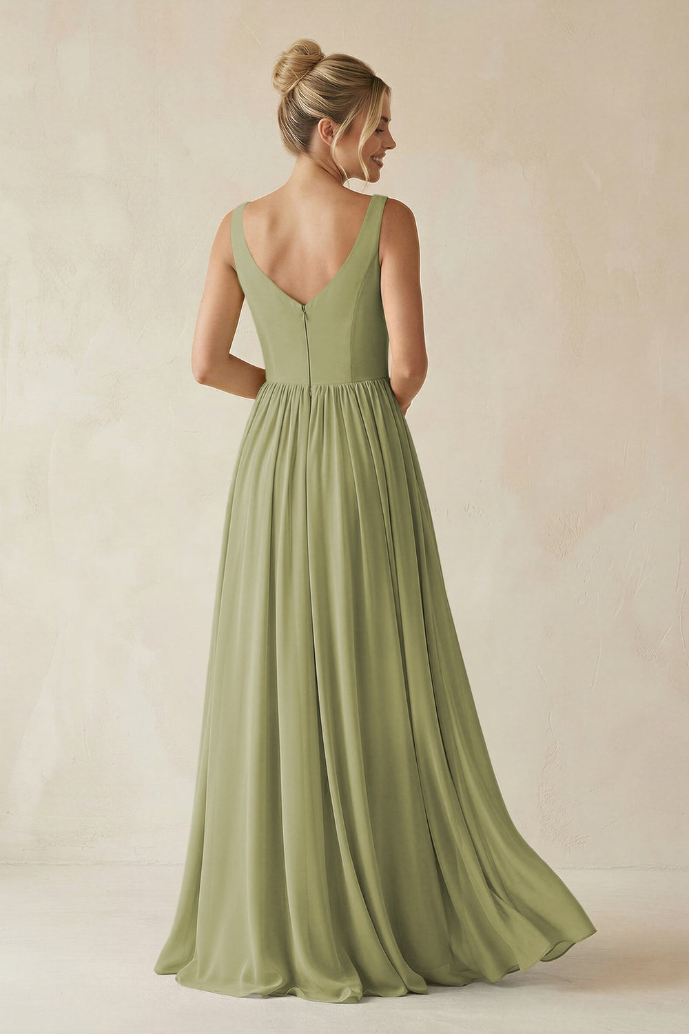 V - Neck Chiffon A - Line Long Bridesmaid Dress in Moss Green - KISS BRIDAL Bridesmaid Dresses
