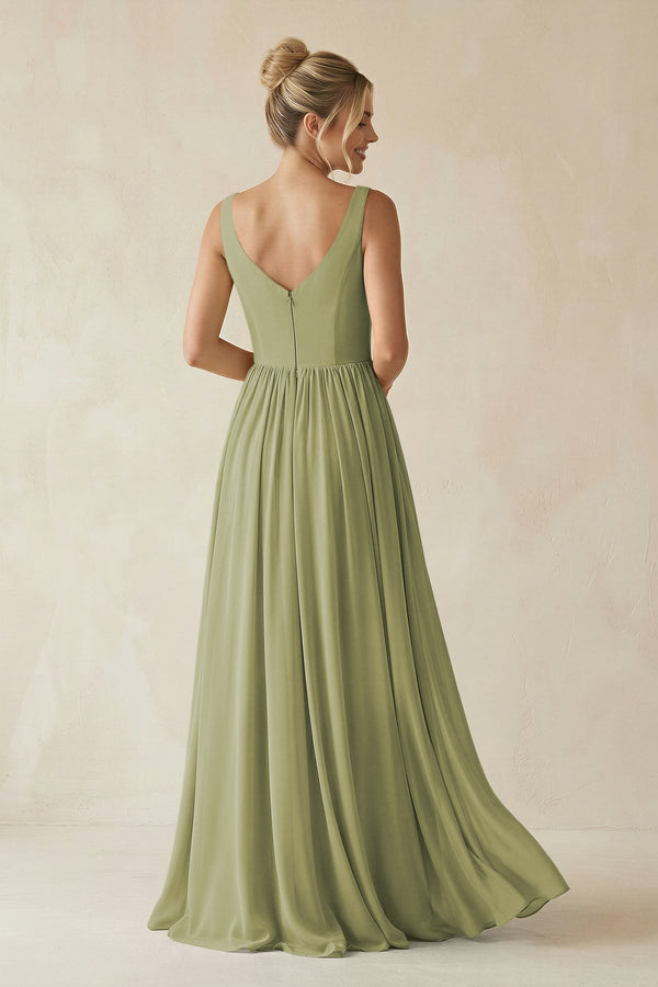 V - Neck Chiffon A - Line Long Bridesmaid Dress in Moss Green - SHE IS ME Bridesmaid Dresses