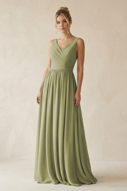 V - Neck Chiffon A - Line Long Bridesmaid Dress in Moss Green - SHE IS ME Bridesmaid Dresses