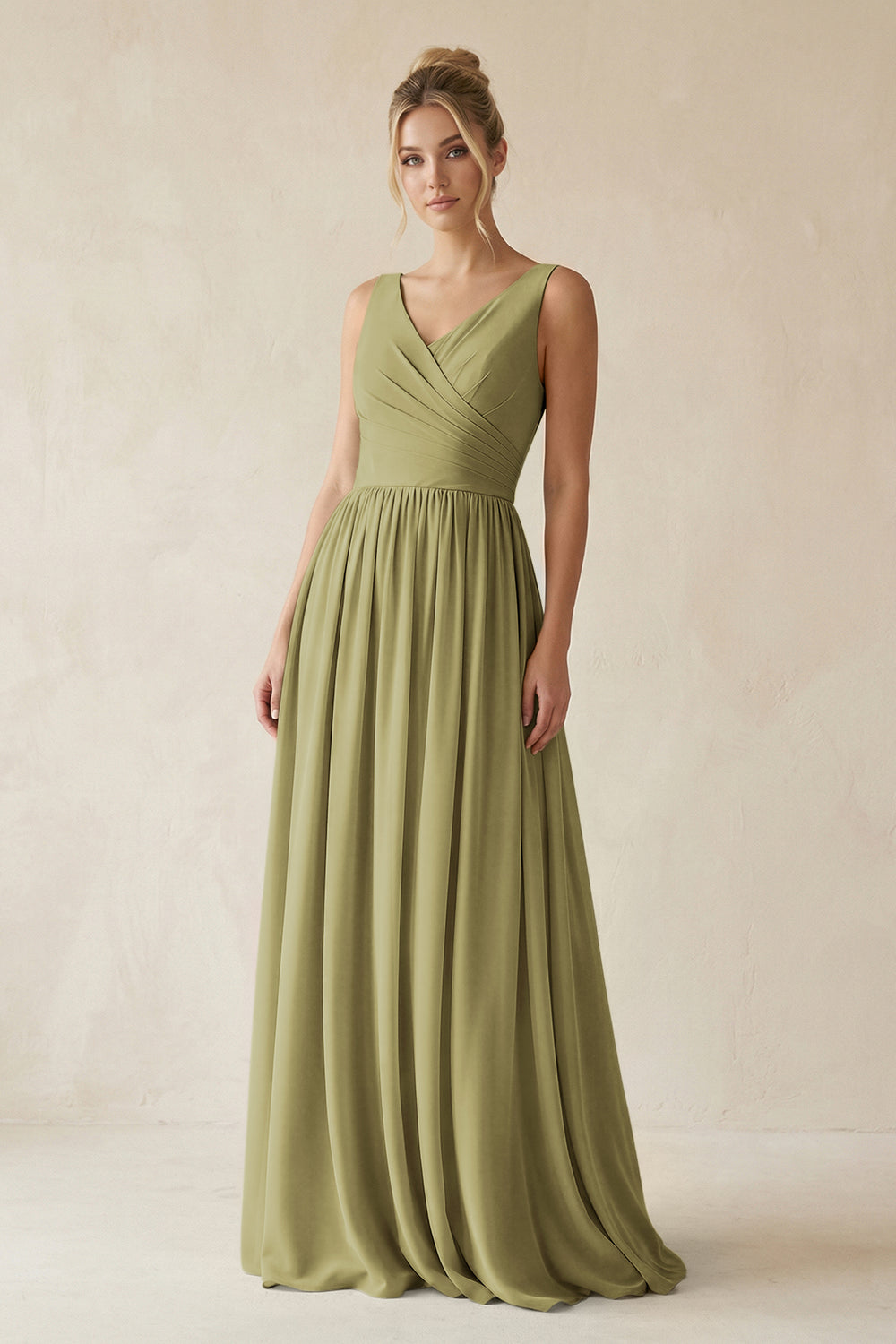 V-Neck Chiffon A-Line Long Bridesmaid Dress in Moss Green