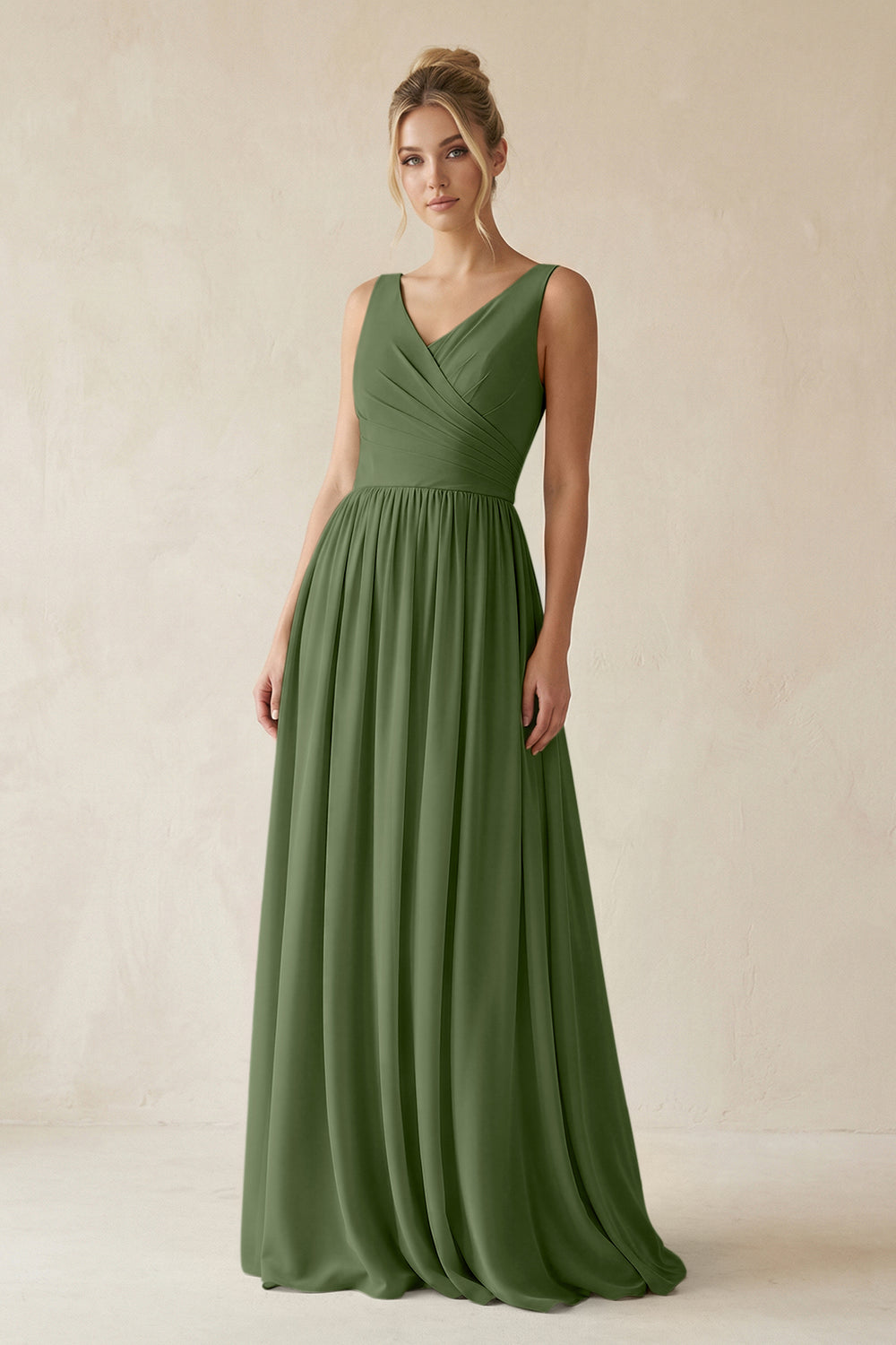 V-Neck Chiffon A-Line Long Bridesmaid Dress in Moss