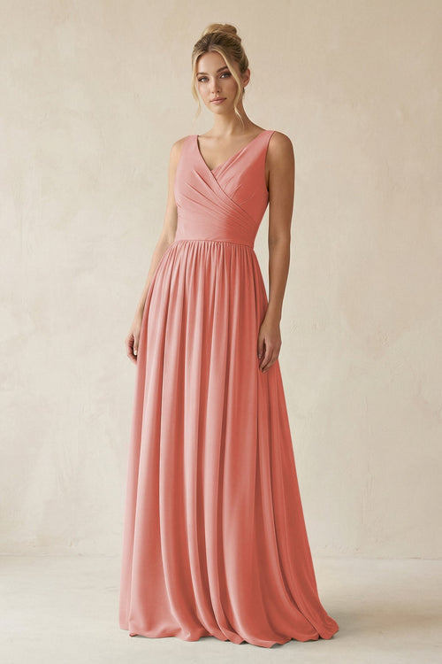 V - Neck Chiffon A - Line Long Bridesmaid Dress in Mulberry - SHE IS ME Bridesmaid Dresses