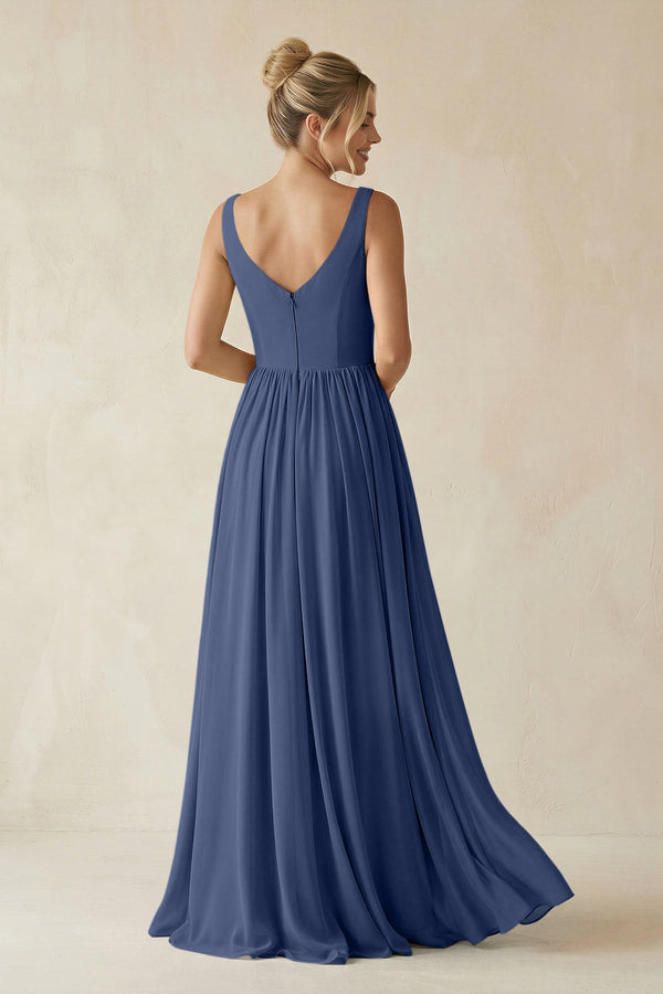 V - Neck Chiffon A - Line Long Bridesmaid Dress in Navy - SHE IS ME Bridesmaid Dresses