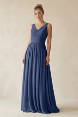 V - Neck Chiffon A - Line Long Bridesmaid Dress in Navy - KISS BRIDAL Bridesmaid Dresses